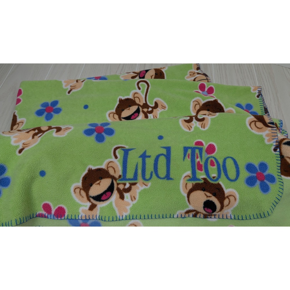 Ltd Too Fleece Throw Blanket Green Monkey Flower Print Whipstitch Edge Y2K